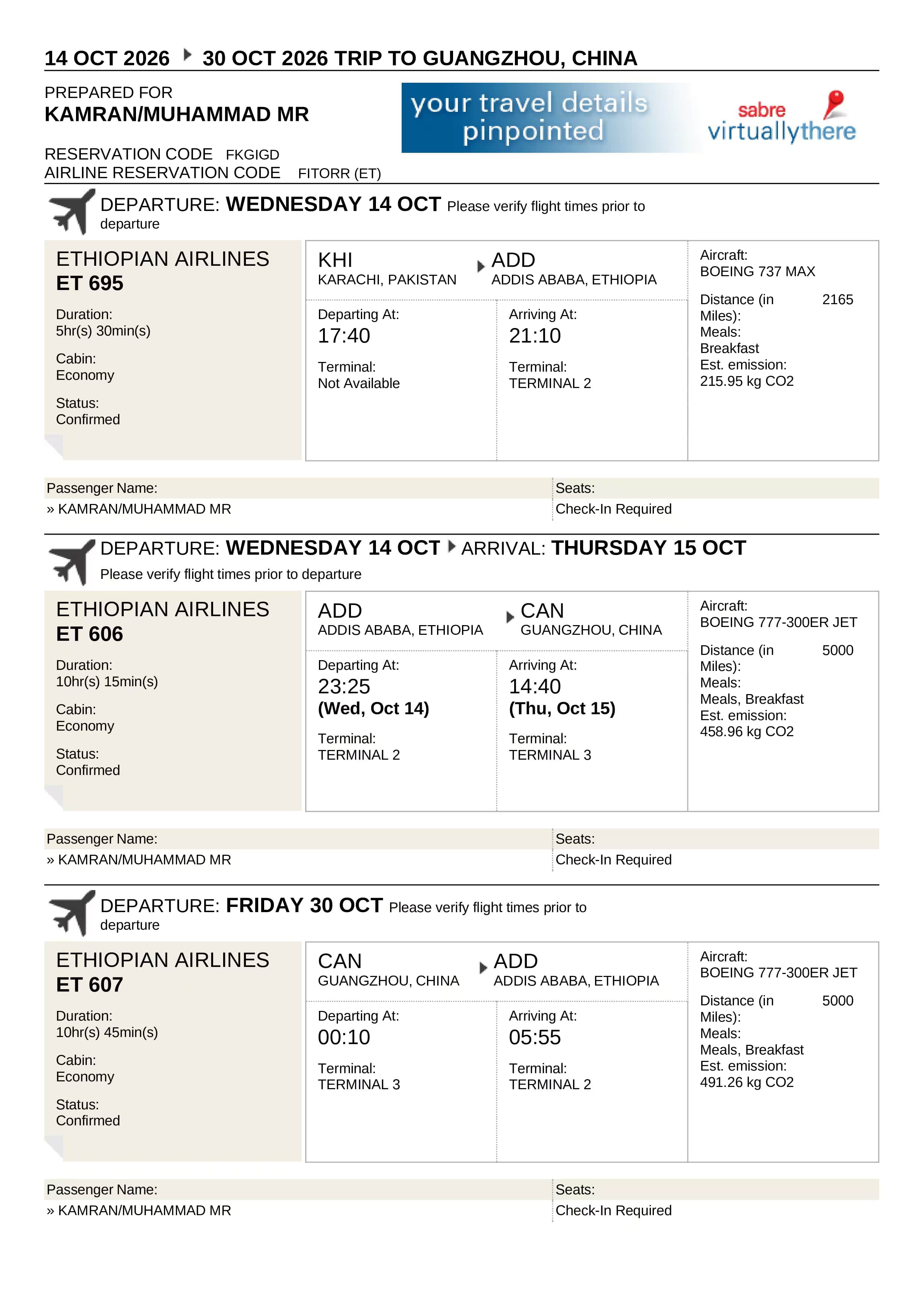 Sample dummy flight ticket for visa showing passenger name, PNR, flight numbers, route, and dates